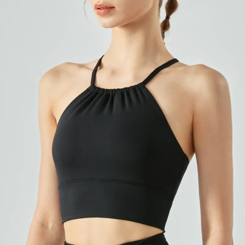 Women's Halter Neck Fitness Top - Pleated Front Sports Bra with Built-in Bra for Workouts - 图片 6
