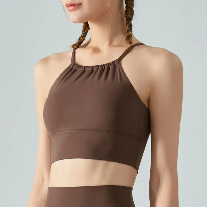 Women's Halter Neck Fitness Top - Pleated Front Sports Bra with Built-in Bra for Workouts - 图片 5