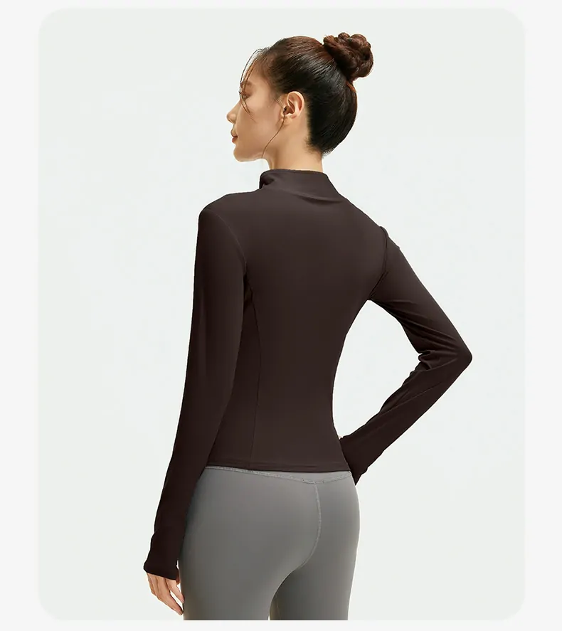 Women's Slim Fit Workout Jacket - Mock Neck Long Sleeve Top for Running & Fitness - 图片 8