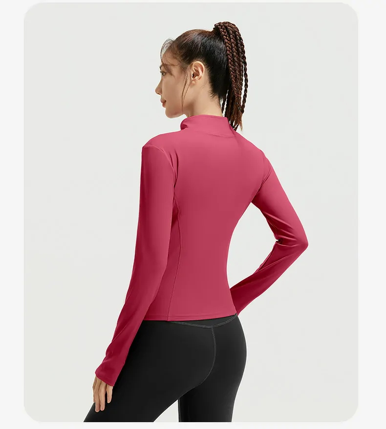 Women's Slim Fit Workout Jacket - Mock Neck Long Sleeve Top for Running & Fitness - 图片 22
