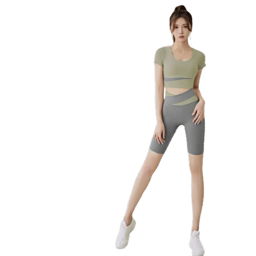 two-piece sportswear set. The top is a light olive green short-sleeve shirt with a square neckline