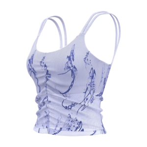 Alternative Text A white sleeveless camisole with thin straps, featuring a flowing abstract pattern in shades of blue and purple. The soft, slightly draped fabric creates a relaxed fit. The garment is displayed against a transparent checkered grid background. Title for Google Search White Sleeveless Camisole with Blue Purple Abstract Print - Women's Thin Strap Draped Tank Top