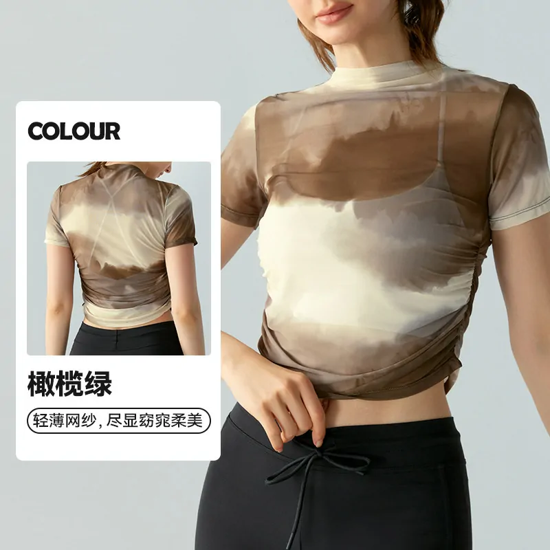 Floral Mesh Overlay Top: Smocked Waist with a Sheer, Statement Back for Yoga & Style - 图片 2