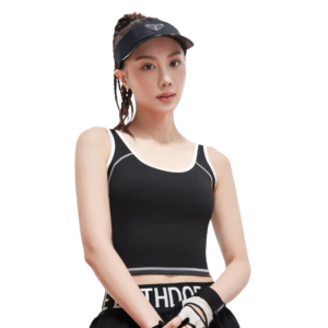 a black sleeveless cropped tank top with contrasting white piping along the neckline, armholes