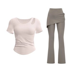 The top is a beige crewneck short-sleeve top with a fitted, slightly tapered hem. The bottom is a brown asymmetrical culotte skirt/pant featuring a shorter front with diagonal layered panels and a longer, slightly flared back hem.