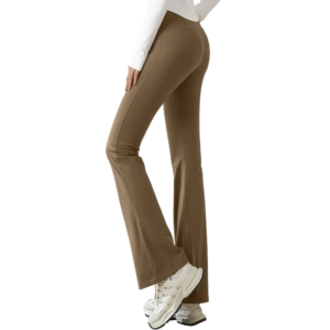 A pair of brown high-waisted flared pants