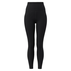 black high-waisted leggings made of stretch fabric, with a smooth waistband and a streamlined fit that contours the legs