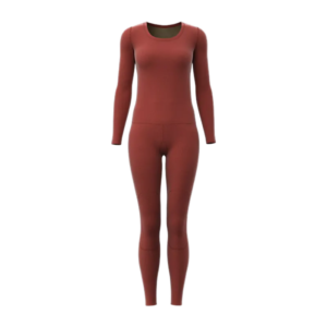 dark red round-neck bodysuit with long sleeves, made of stretchy fabric.
