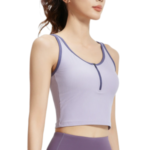 a light purple sleeveless sports top. The top features a V-neckline with dark blue trim, a full-length front zipper, and matching dark blue binding along the armholes and hem.