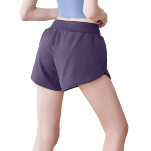 dark blue high-waisted women's athletic shorts. The shorts feature a wide elastic waistband, a built-in brief liner for modesty, and loose-fitting comfort.
