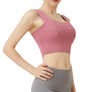 a pink sports bra with wide straps and a front seam.
