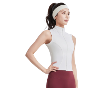 a white high-neck sleeveless top with a long front zipper. The fitted design features curved seaming along the sides, highlighting the waist.