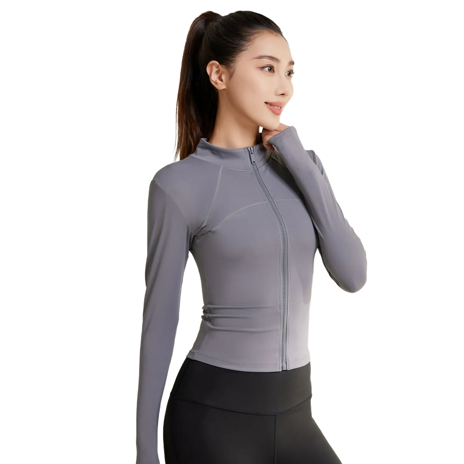 a gray zip-up athletic top with a high collar and thumbhole cuffs, paired with light blue high-waisted workout leggings. The top features a full-length front zipper, and the leggings have subtle contrast stitching along the sides.