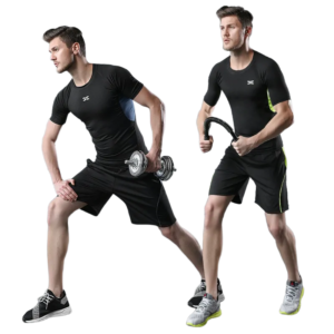 A black athletic two-piece set consisting of a short-sleeve T-shirt with a simple white logo on the chest, and matching elastic-waist shorts