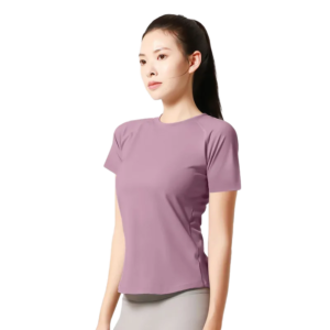 a soft lavender short-sleeve T-shirt with a round neckline.