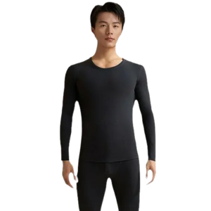 A black long-sleeve top worn by a model, cropped at the chest