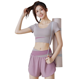 a short-sleeve square-neck crop top and a layered skirt with a gray waistband