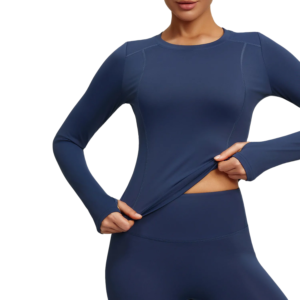 a dark blue fitted long-sleeve top