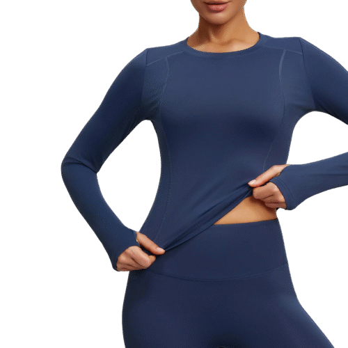 a dark blue fitted long-sleeve top