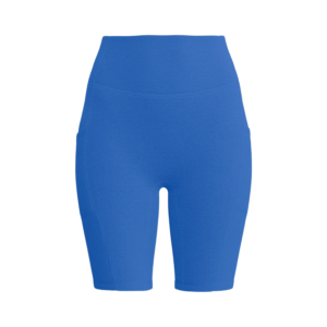 Blue form-fitting shorts with an elastic waistband