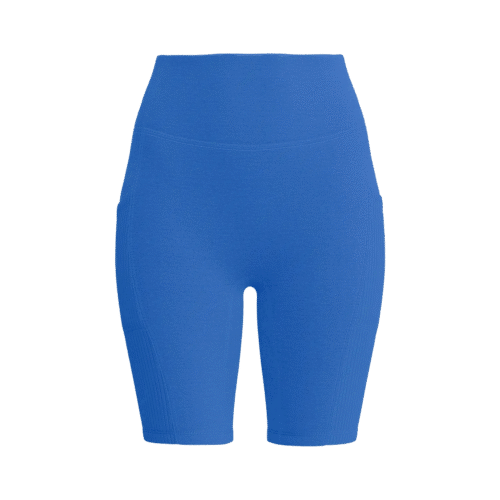 Blue form-fitting shorts with an elastic waistband