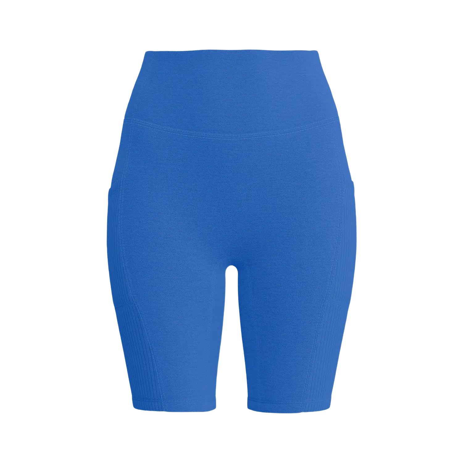 Blue form-fitting shorts with an elastic waistband