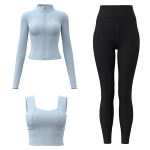 wholesale activewear set in light blue long sleeve zip-up top with matching sports bra and black high-waist leggings