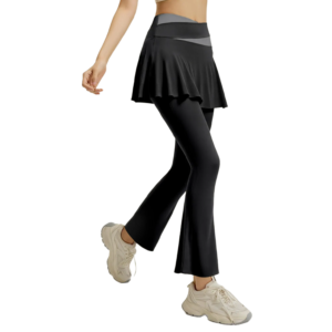 wholesale flared leggings with overskirt in black featuring ruffled hem and form-fitting silhouette
