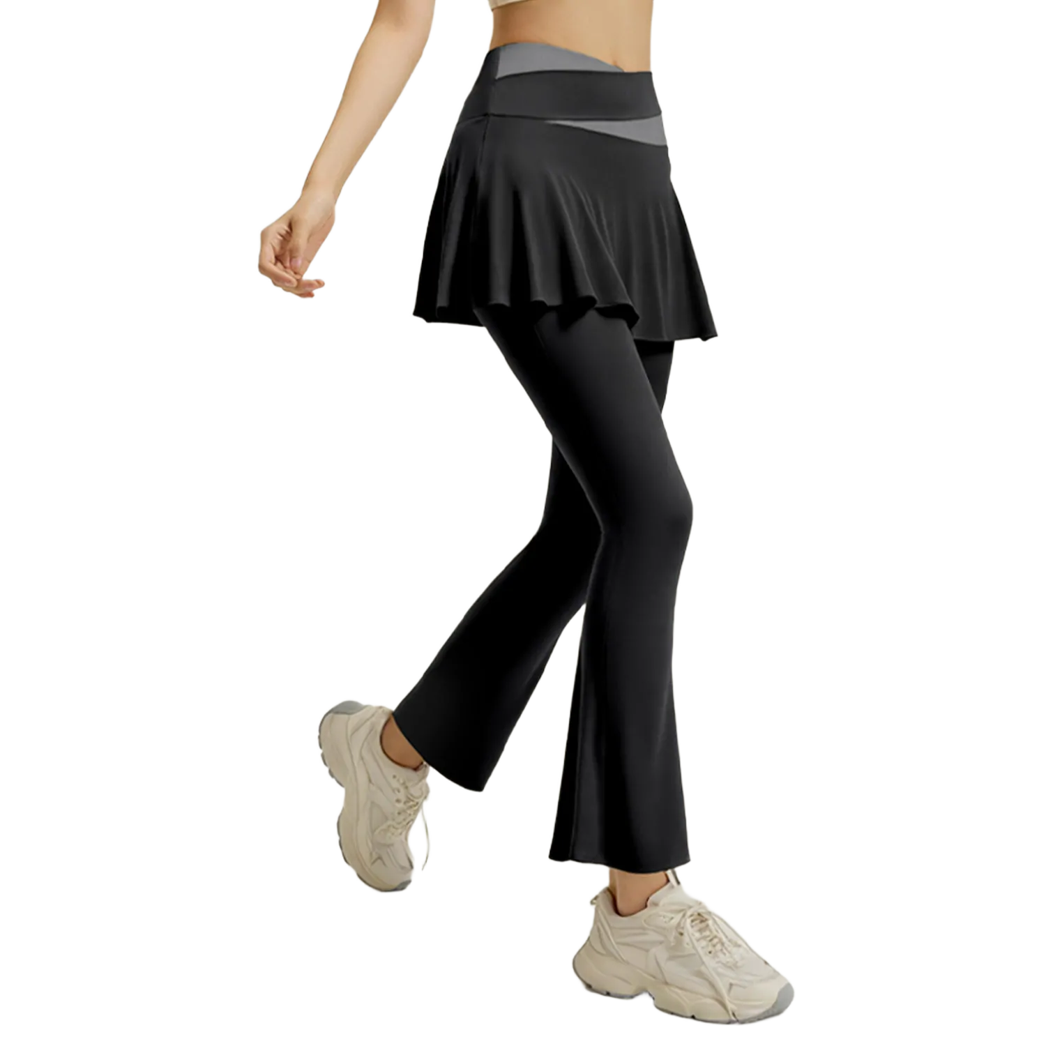 wholesale flared leggings with overskirt in black featuring ruffled hem and form-fitting silhouette
