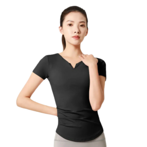 wholesale black short sleeve top with V-neck and small front opening