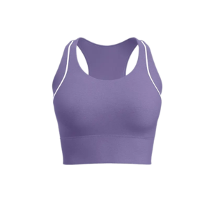 wholesale sports bra in light purple with white stripe accents and racerback design