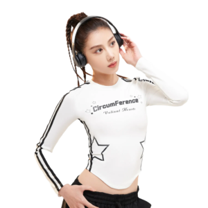 wholesale long sleeve top in white with left sleeve black stripes, black chest print, and star graphic