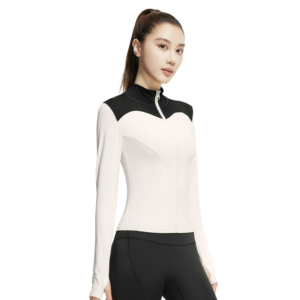 wholesale long sleeve top in black and white color-block with high neck zipper detail