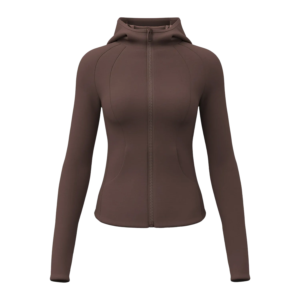 wholesale chocolate brown zip-up hoodie with stand collar, curved hem cutouts, and front zipper