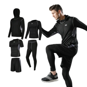 wholesale activewear set in black loose-fit short sleeve five-piece set including hoodie, T-shirt, long sleeve top, shorts, and pants