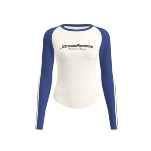 wholesale long sleeve T-shirt in white with navy blue raglan sleeves and chest print