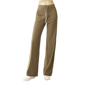 wholesale wide-leg pants olive green high-waist with front drawcord and side pockets