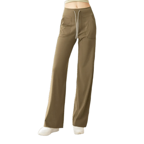 wholesale wide-leg pants olive green high-waist with front drawcord and side pockets