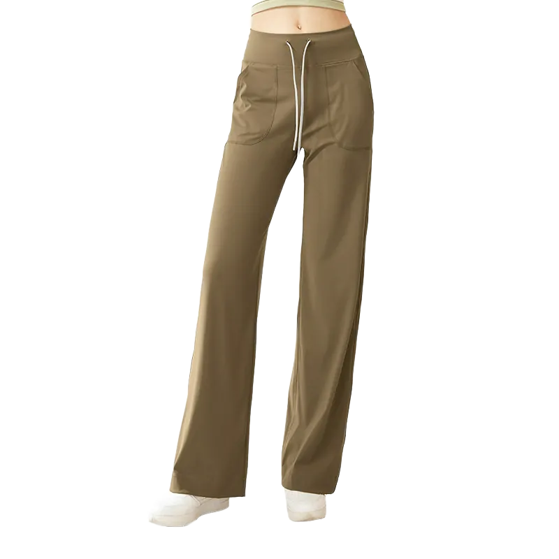 wholesale wide-leg pants olive green high-waist with front drawcord and side pockets