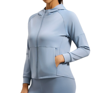 wholesale light blue zip-up hoodie with chest pocket