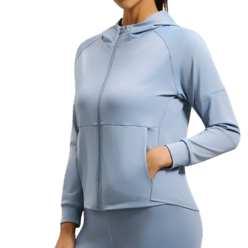 wholesale light blue zip-up hoodie with chest pocket
