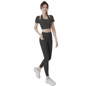 wholesale black short sleeve sports top with halter neck and chest cut-out detail,