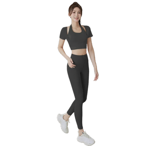 wholesale black short sleeve sports top with halter neck and chest cut-out detail,