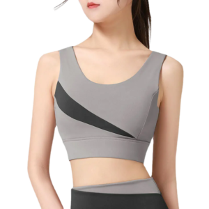 wholesale sports bra in grey with black diagonal side stripes