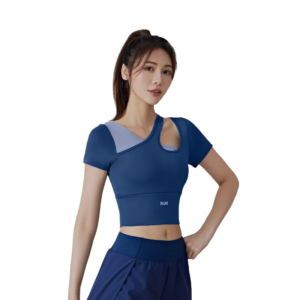 wholesale short sleeve athletic top in navy blue with asymmetrical shoulders featuring right cut-out and left grey panel