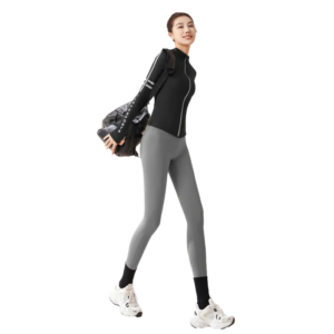 wholesale activewear set in black with high neck zip-up and sleeve stripes