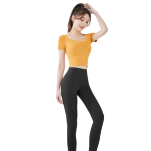 holesale short sleeve sports top in ginger with square crossover neck