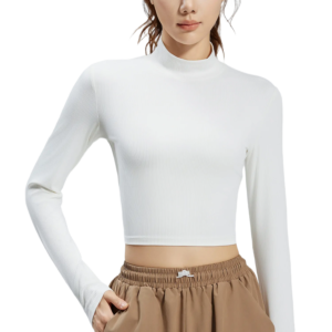 wholesale white high-neck long sleeve crop top with brown wide-leg pants
