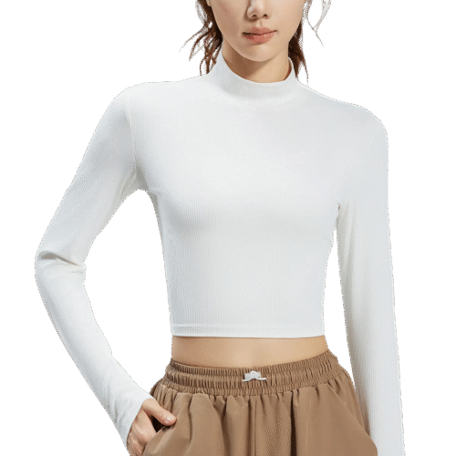 wholesale white high-neck long sleeve crop top with brown wide-leg pants