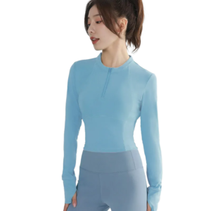 wholesale activewear set in light blue long sleeve top with front zipper detail and light grey high-waist pants